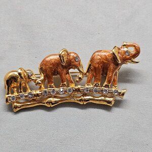 Elephant Family Brooch Gold Tone Brown Enamel Bejeweled Trunk-To-Tail Rhinestone